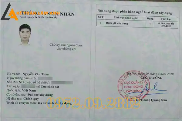 Thời hạn chứng chỉ kỹ sư định giá hạng 2