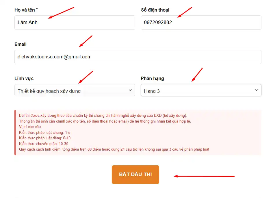 Form đăng ký thi thử chứng chỉ xây dựng với lựa chọn lĩnh vực thiết kế quy hoạch và phân hạng năng lực