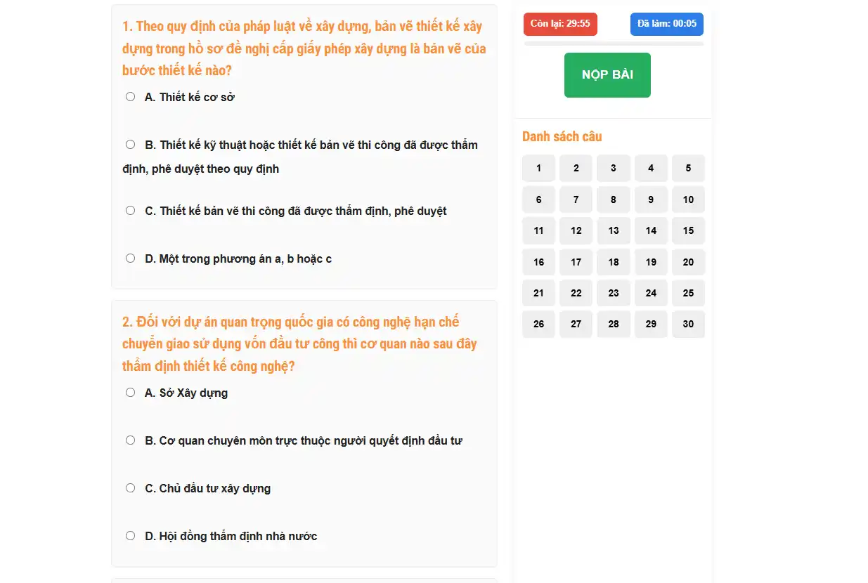 Giao diện câu hỏi trắc nghiệm thi chứng chỉ hành nghề xây dựng kèm danh sách câu và bộ đếm thời gian làm bài