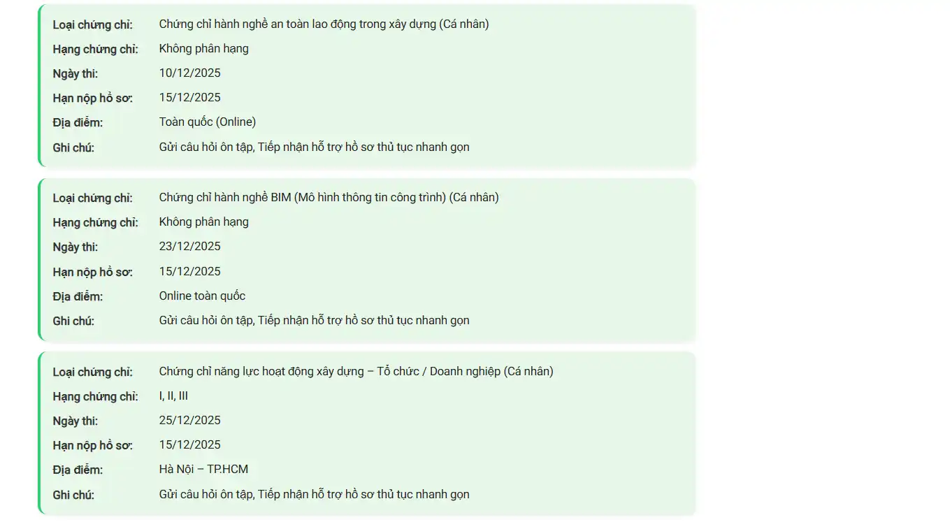 Lịch Thi Chứng Chỉ Hành Nghề Xây Dựng 2025 - 2026