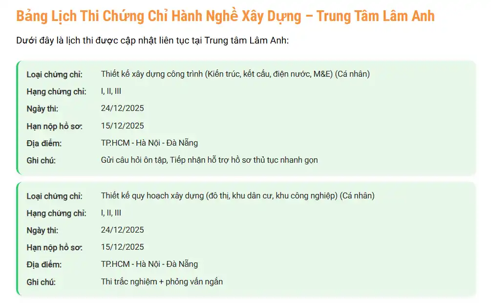 Lịch Thi Chứng Chỉ Hành Nghề Xây Dựng Mới Nhất