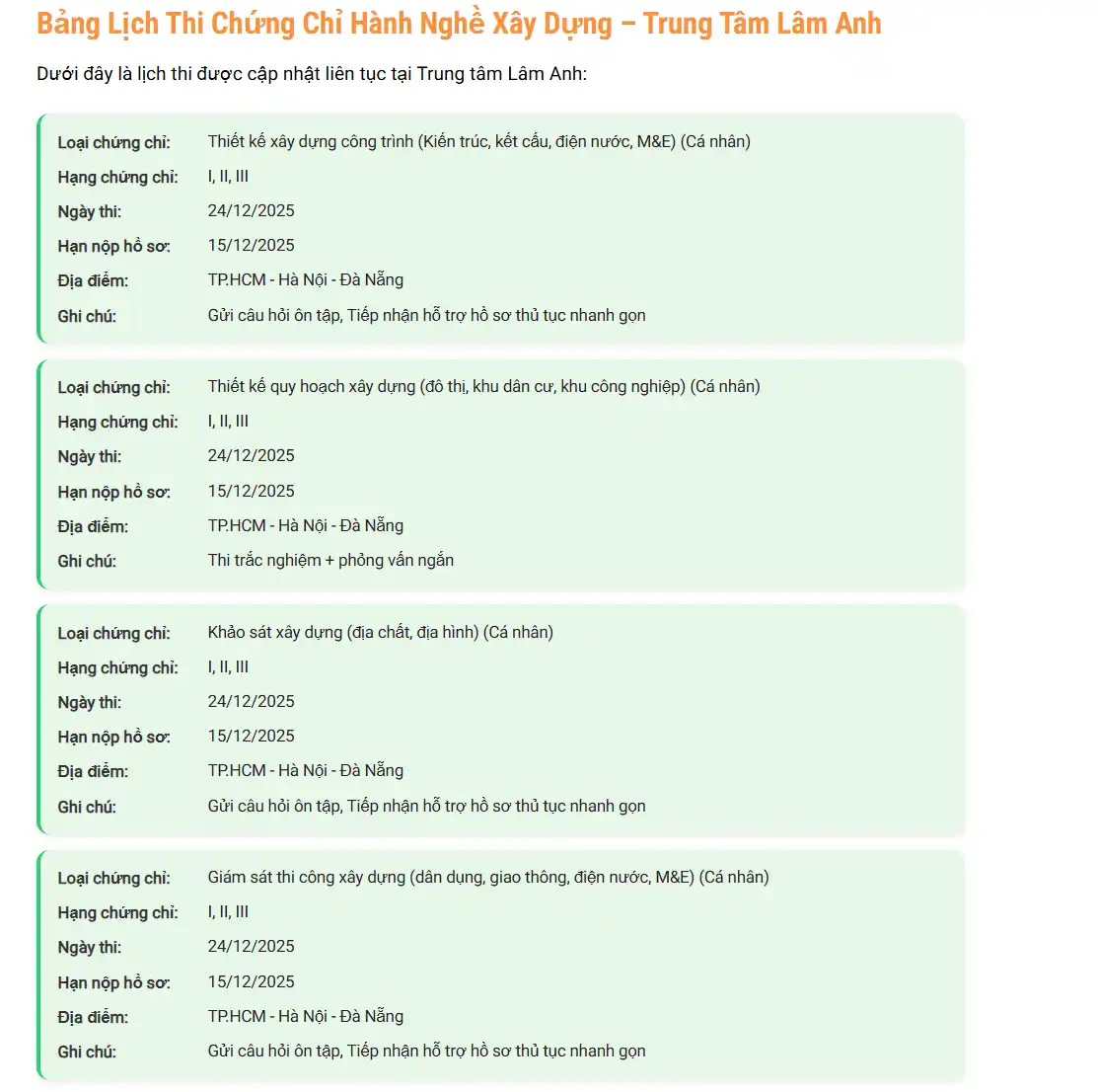 Bảng Lịch Thi Chứng Chỉ Hành Nghề Xây Dựng – Trung Tâm Lâm Anh