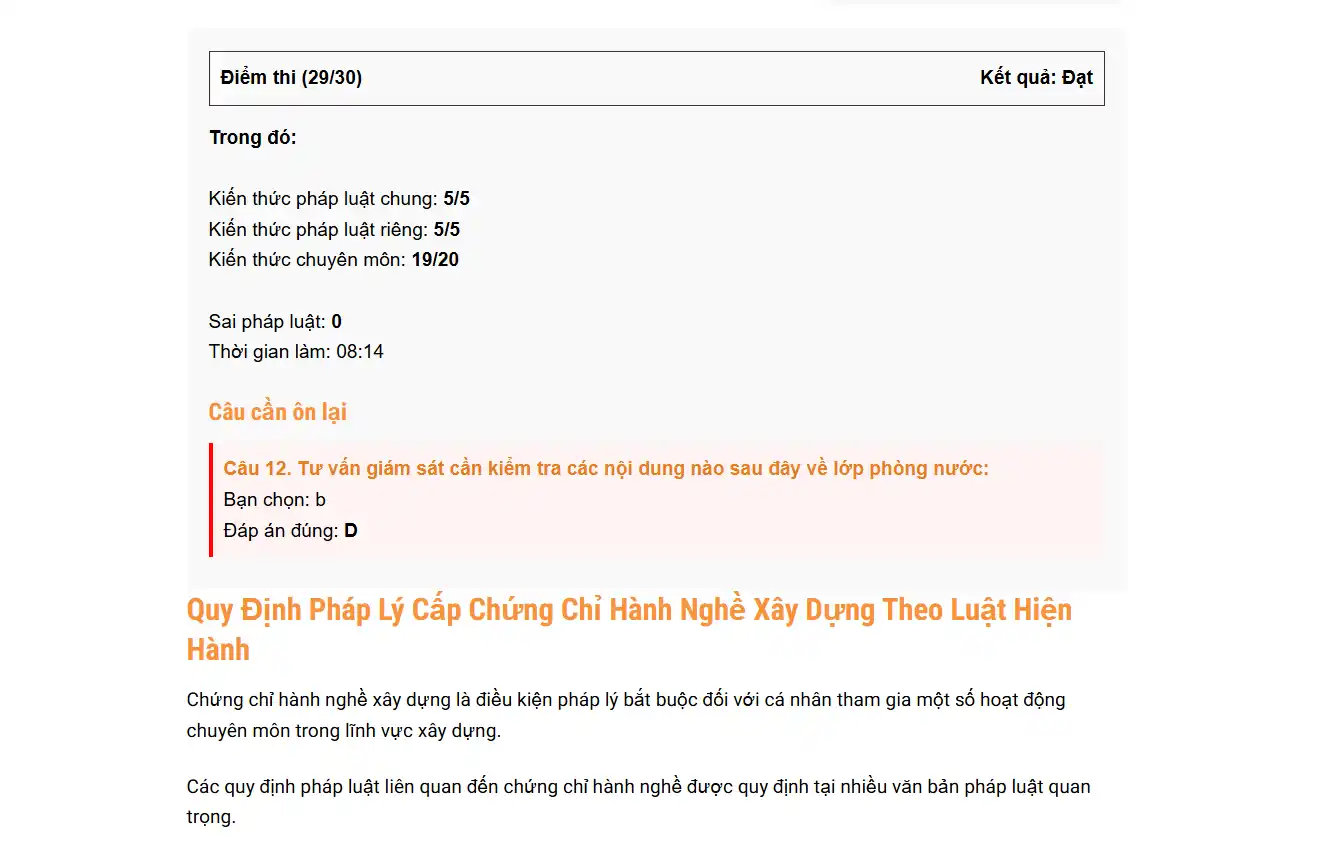 kết quả thi thử chứng chỉ hành nghề xây dựng đạt 29 trên 30